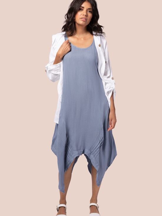 Made in Italy Dresses & Skirts - Made in Italy Linen Slate Blue Asymmetrical Midi Dress S Lagenlook Minimalist